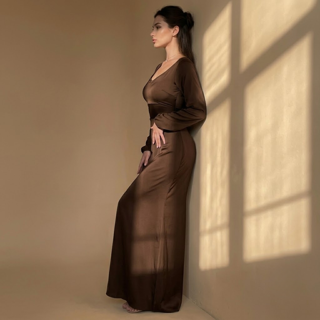 Cowl Neck Satin Dress Brown Side View