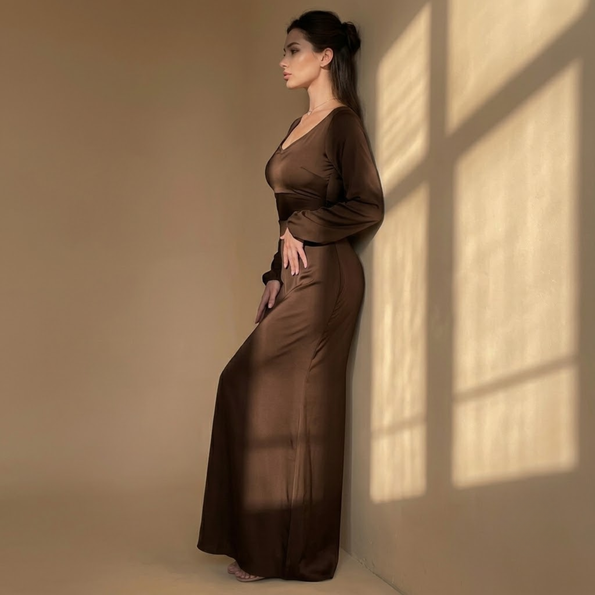 Cowl Neck Satin Dress Brown Side View