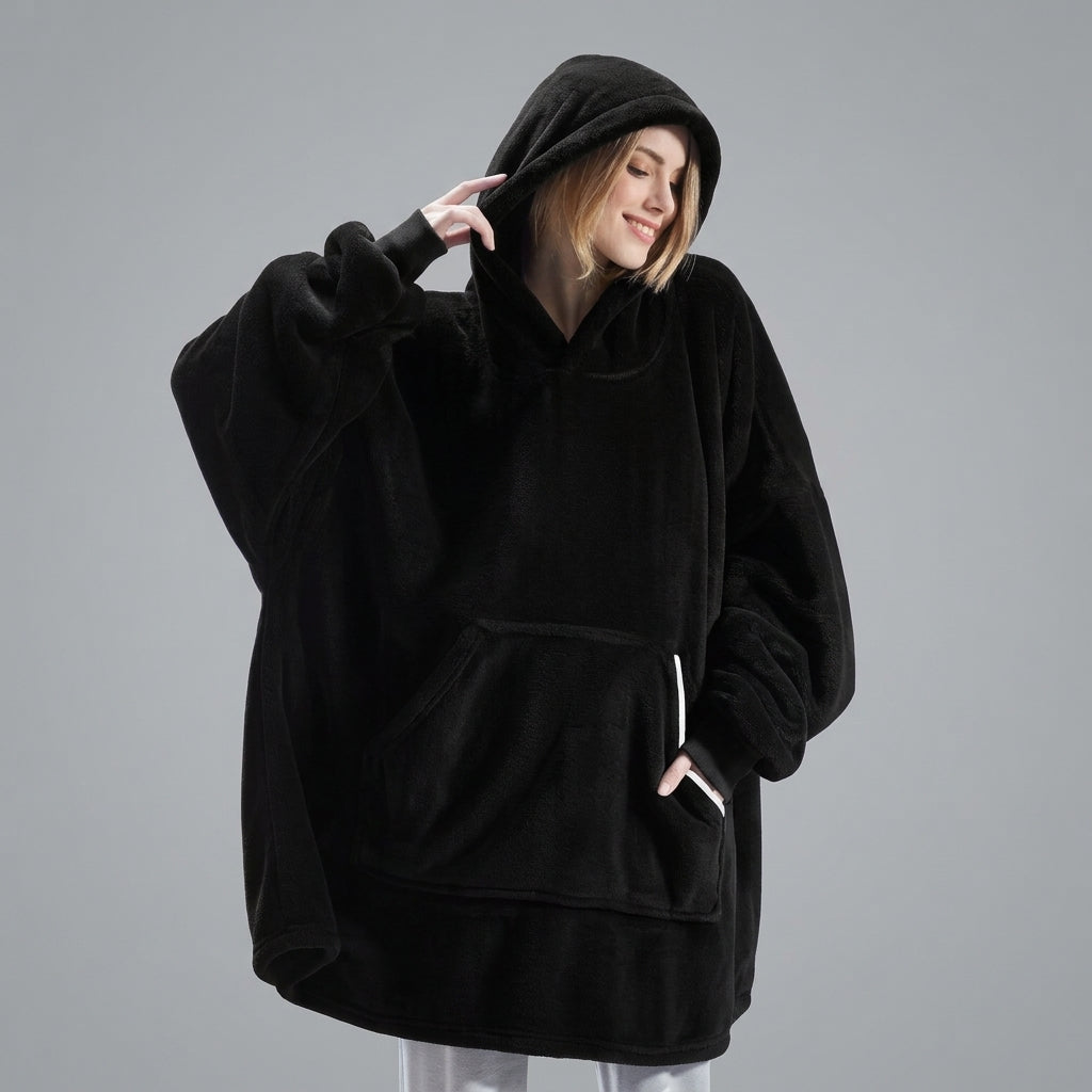 Cozy Oversized Fleece Hoodie for Women – Black Warm Blanket Sweatshirt