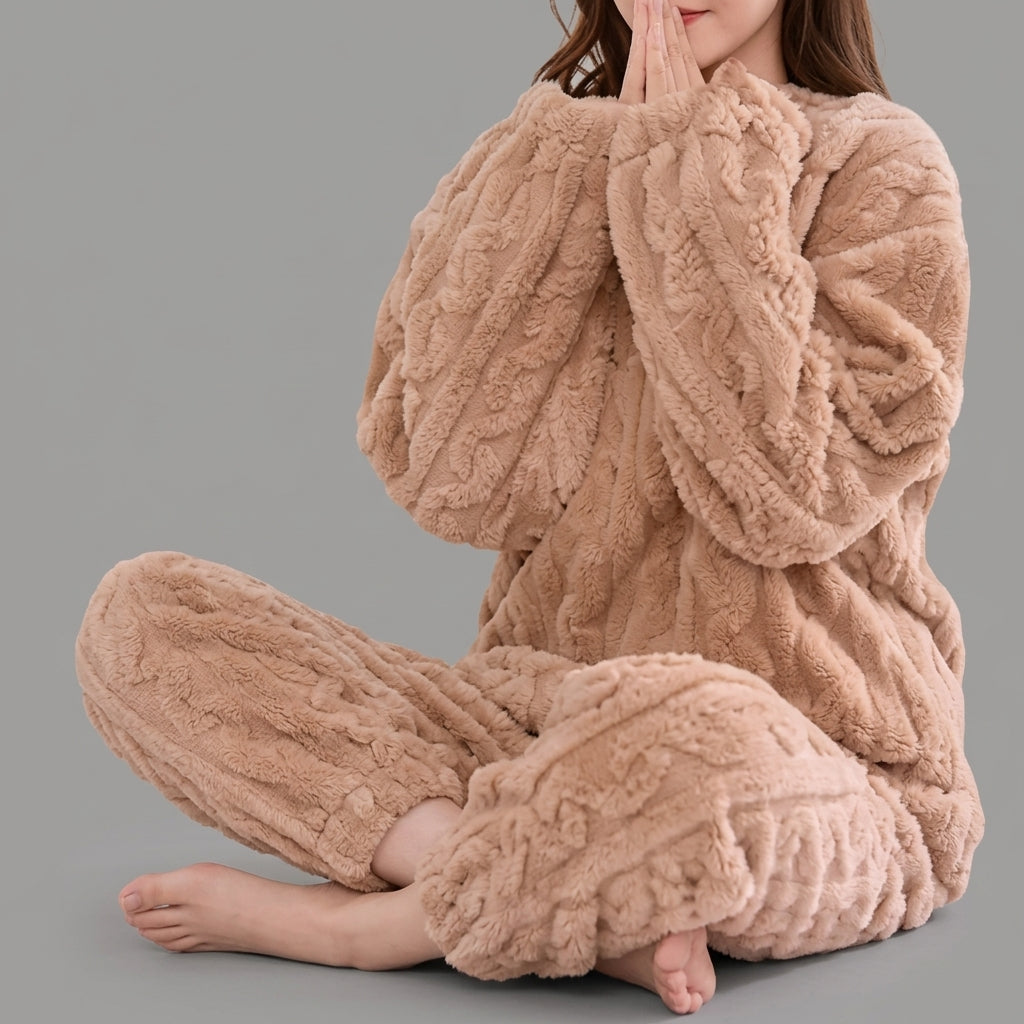 Beige Cozy Winter Pajama Set for Women with Long Sleeve Top and Lounge Pants