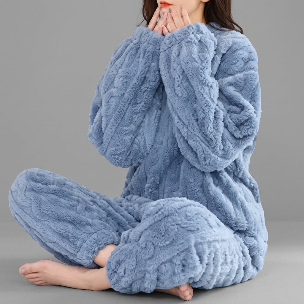 Blue Cozy Winter Pajama Set for Women with Long Sleeve Top and Lounge Pants