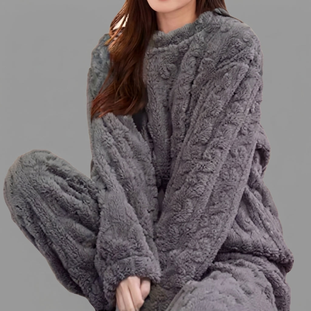 Grey Cozy Winter Pajama Set for Women with Long Sleeve Top and Lounge Pants