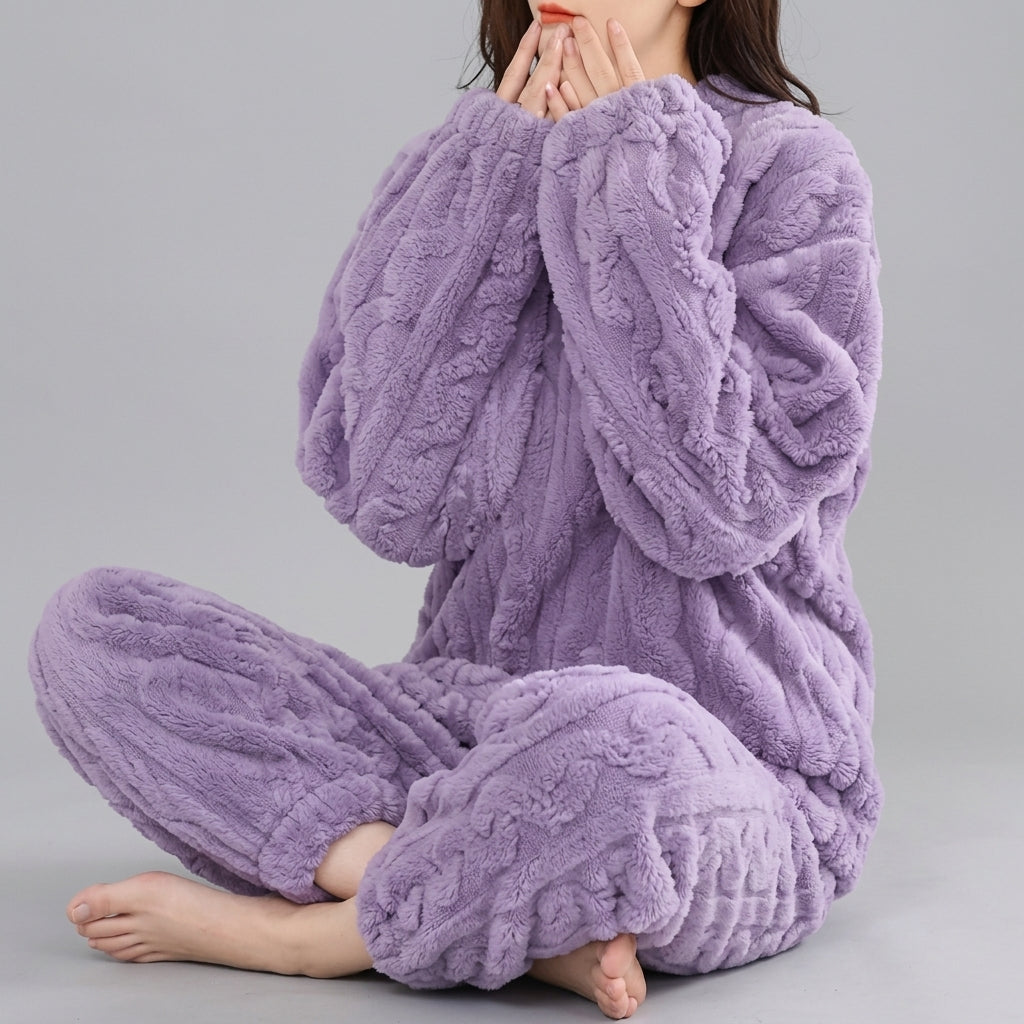 Purple Cozy Winter Pajama Set for Women with Long Sleeve Top and Lounge Pants