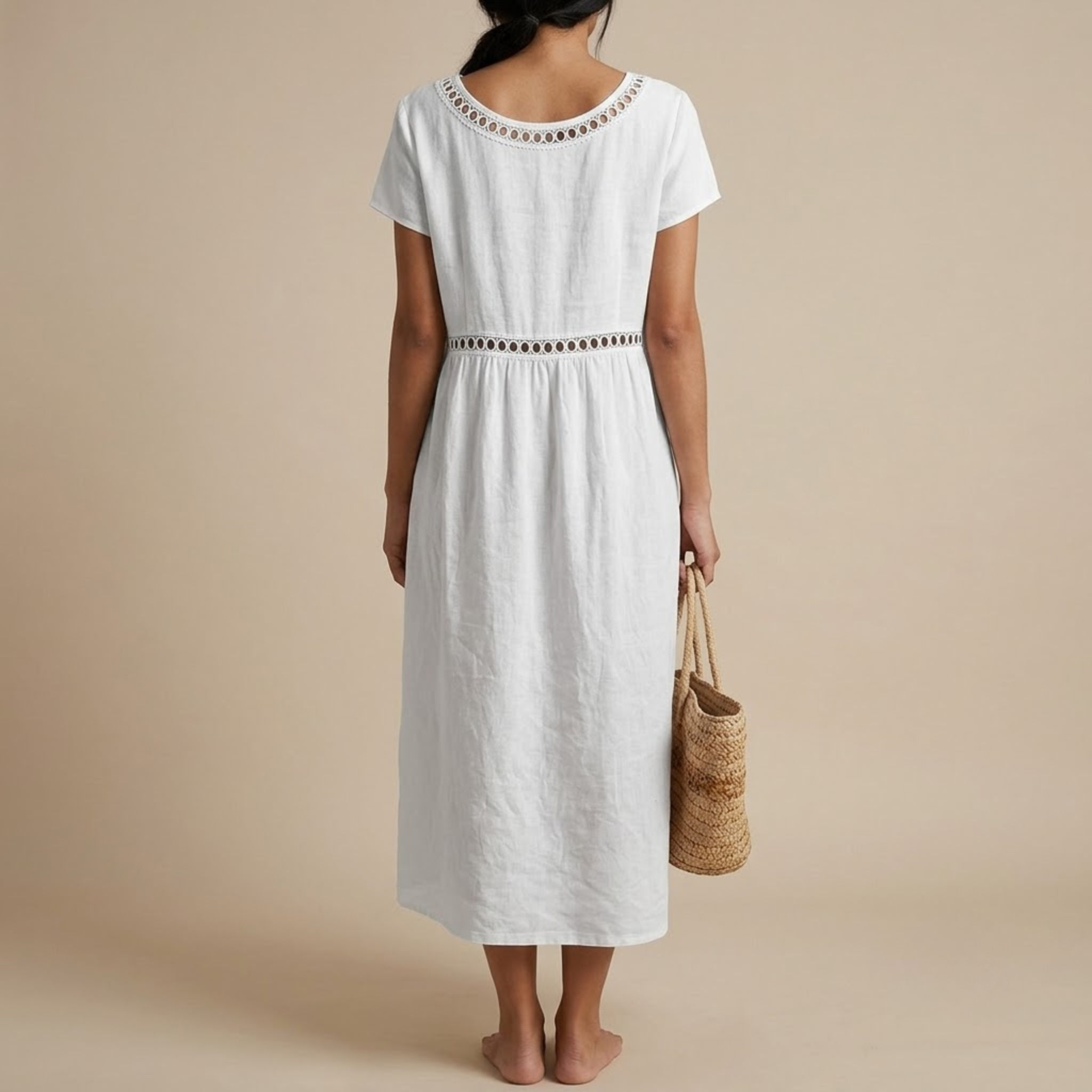 Crochet Trim Midi Dress Web White Back View