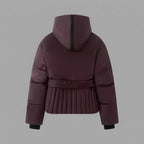 Women's Dark Maroon Padded Winter Jacket with Hood and Front Zipper