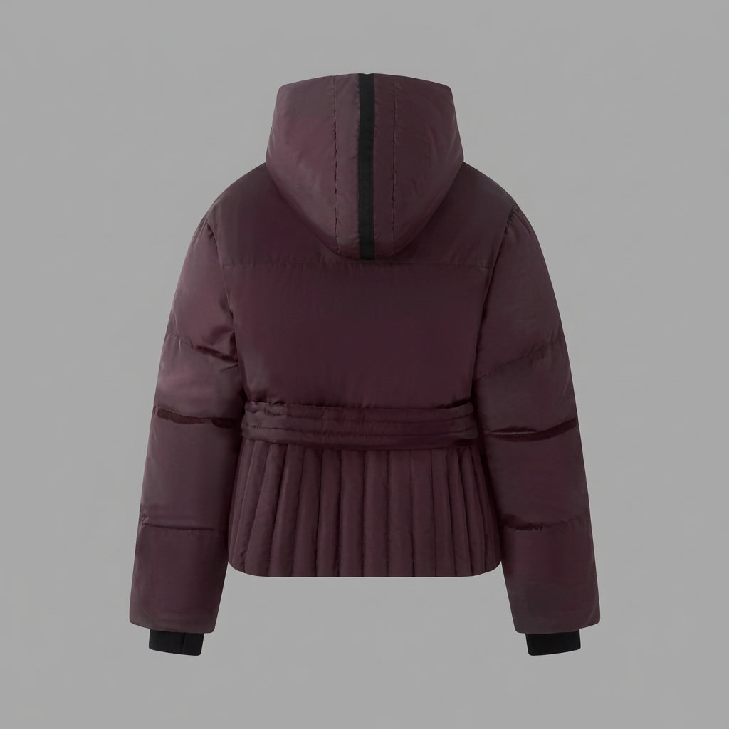 Women's Dark Maroon Padded Winter Jacket with Hood and Front Zipper