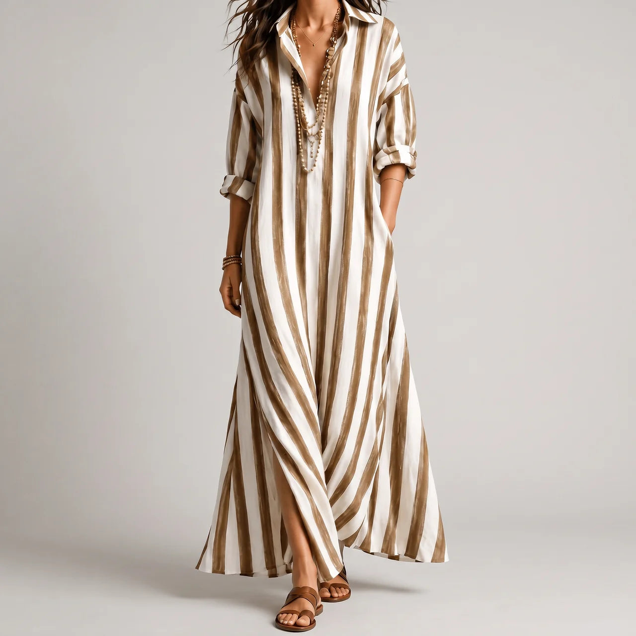 Earthy Yellow maxi dress with rolled sleeves and side pockets front view BELLA HUDSON