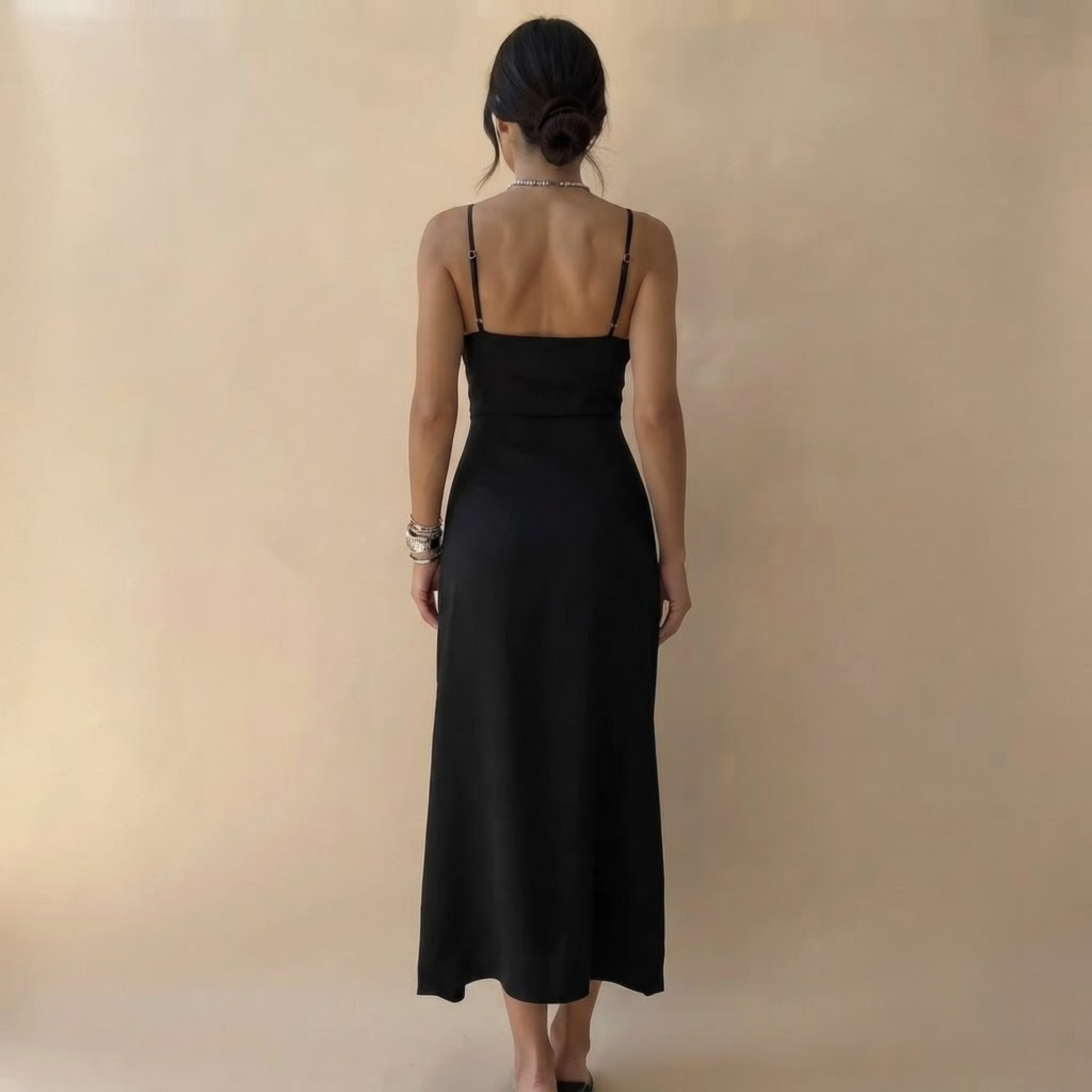 Elegant Satin Maxi Dress Black Back View
