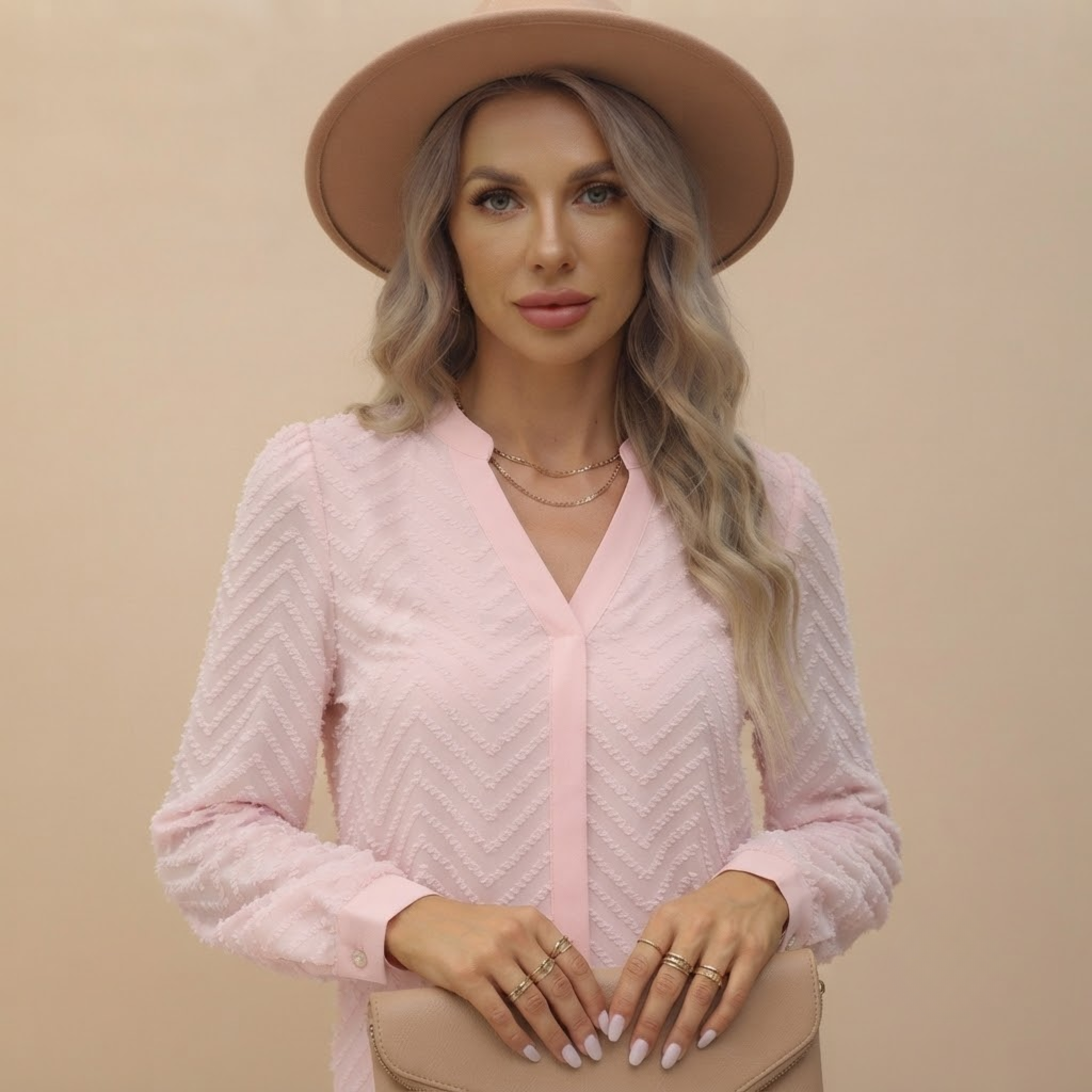 Elegant V-Neck Top Pink Closeup View