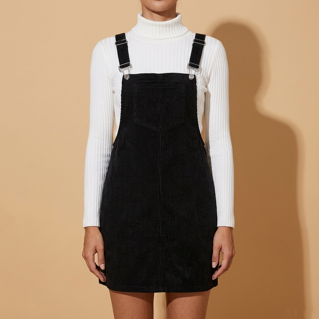 Front view of the black Elodie Corduroy Pinafore Mini Dress featuring a bib-front design, adjustable straps, and straight mini silhouette.