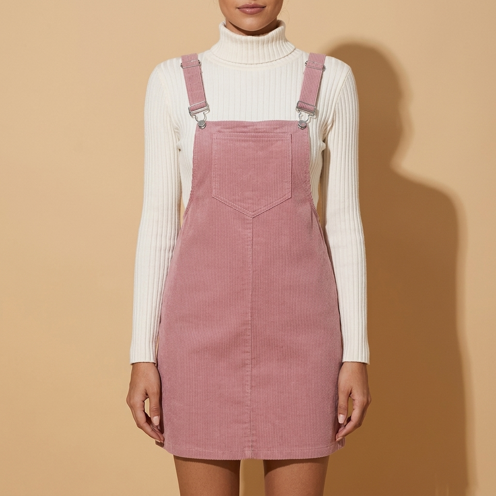 Front view of the blush pink Elodie Corduroy Pinafore Mini Dress featuring adjustable buckle straps, straight fit, and ribbed texture.