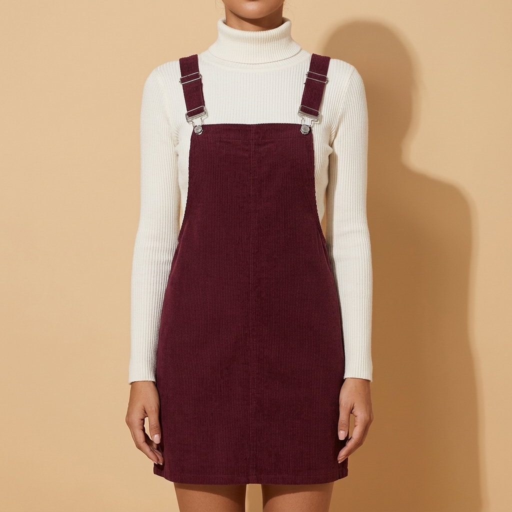 Front view of the burgundy Elodie Corduroy Pinafore Mini Dress featuring a front bib pocket, buckle straps, and mini silhouette.