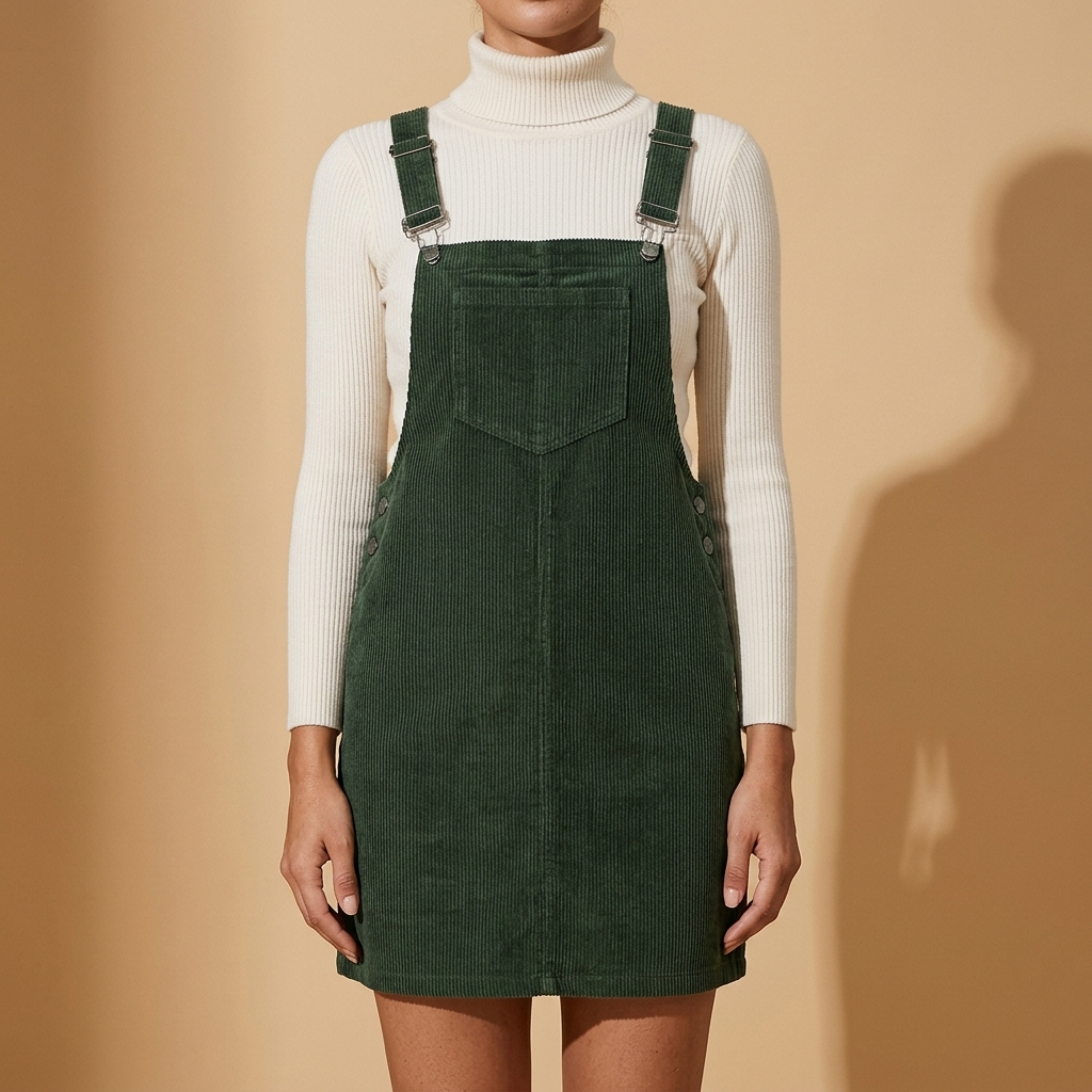 Front view of the forest green Elodie Corduroy Pinafore Mini Dress featuring metal buckle straps, mini silhouette, and bib pocket.