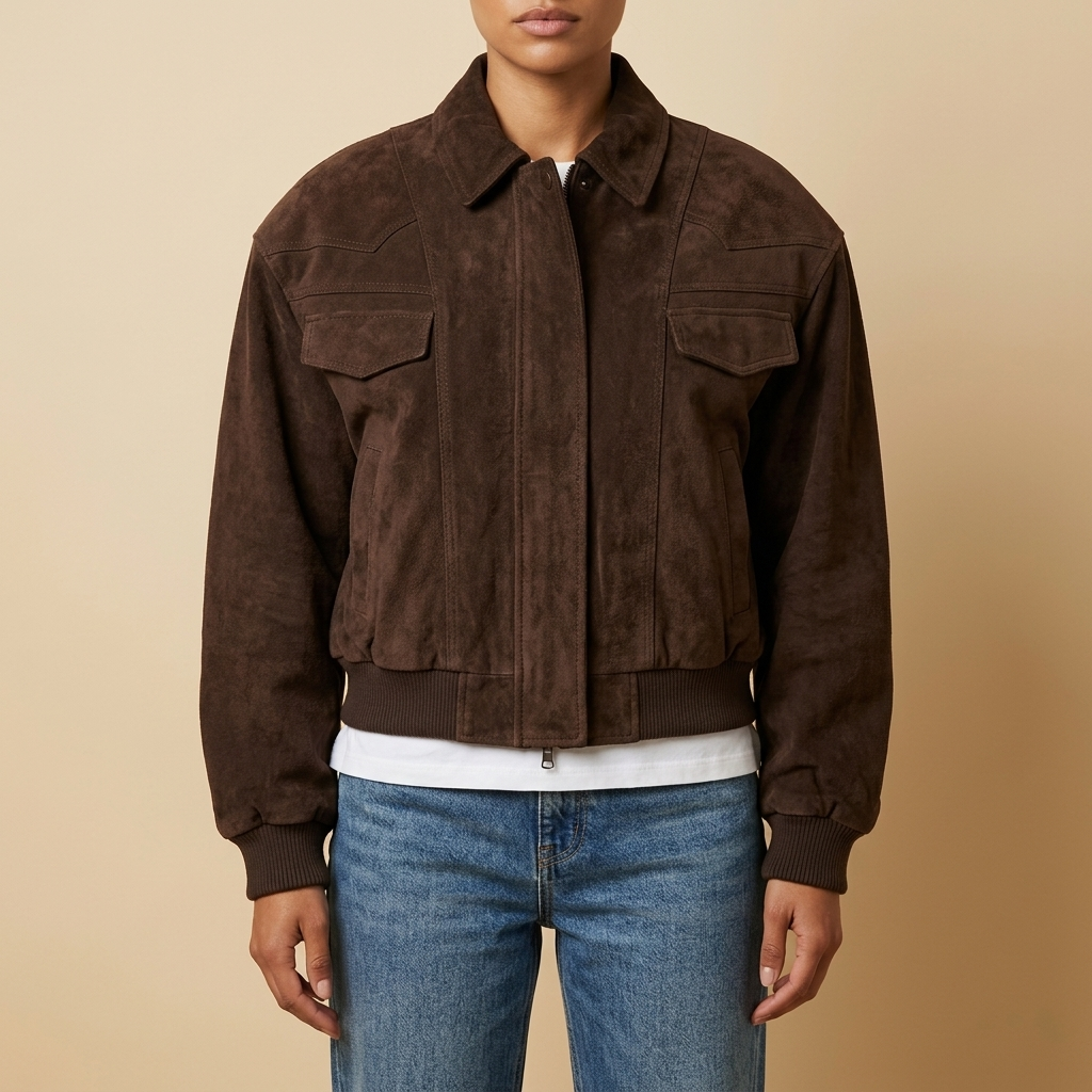 Front view of the brown Elodie Suede-Look Cropped Long-Sleeve Jacket featuring a point collar, zip front, and chest pocket.