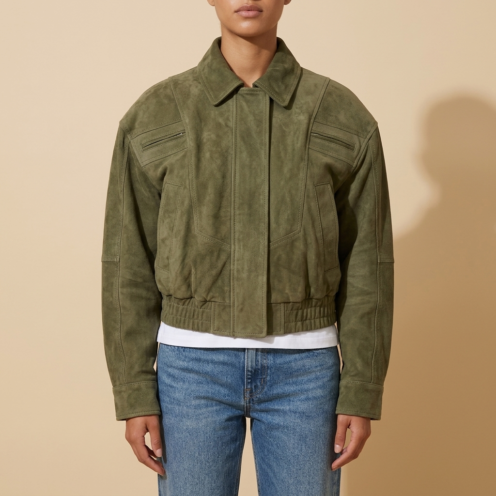 Front view of the olive green Elodie Suede-Look Cropped Long-Sleeve Jacket featuring a point collar, zip front, and cropped hem.