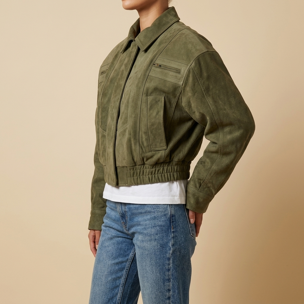 Side view of the olive green Elodie Suede-Look Cropped Long-Sleeve Jacket featuring a cropped silhouette, long sleeves, and elasticated hem.