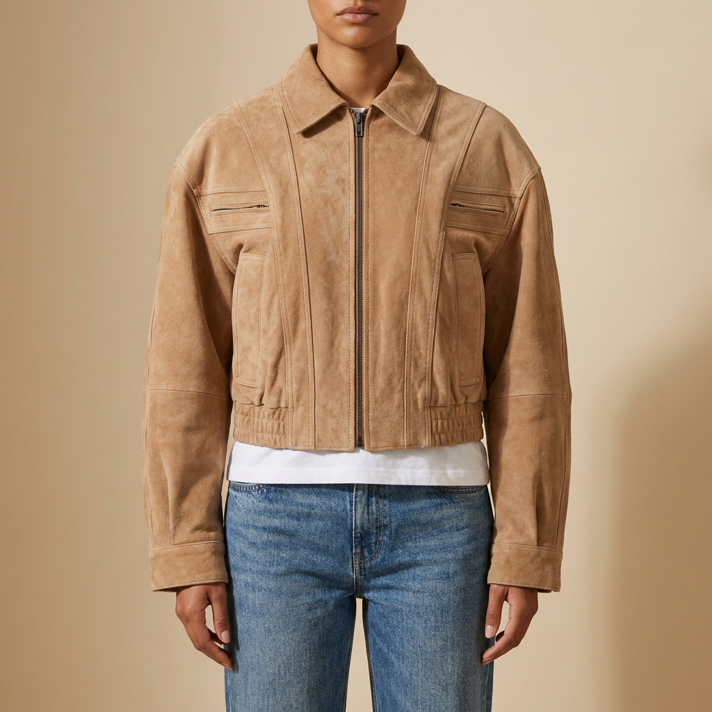 Front view of the tan Elodie Suede-Look Cropped Long-Sleeve Jacket featuring a point collar, zip front, and panelled seams.