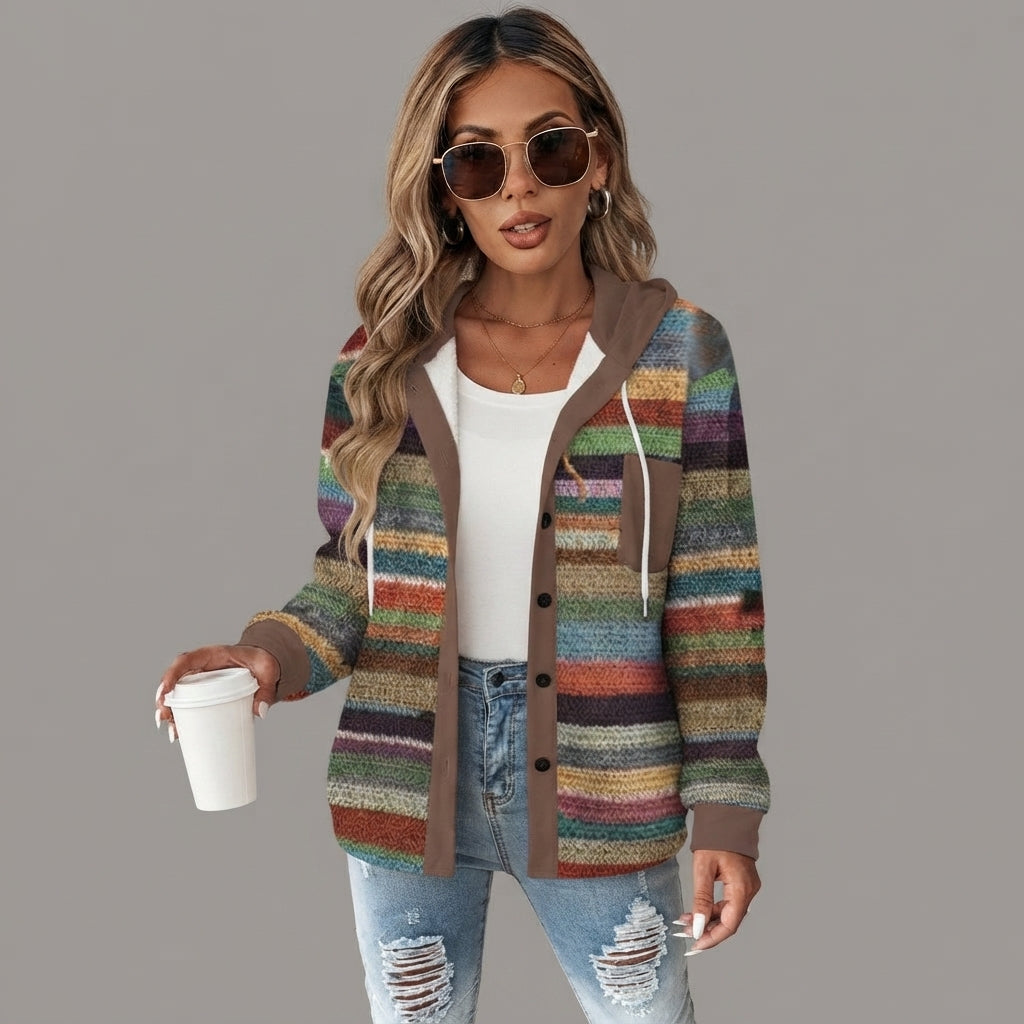 Multi-color striped knit cardigan with a button-front design, displayed from the front.