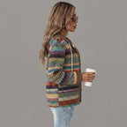 Faustine striped knit cardigan in dark grey, shown from multiple side views with a button-front design.