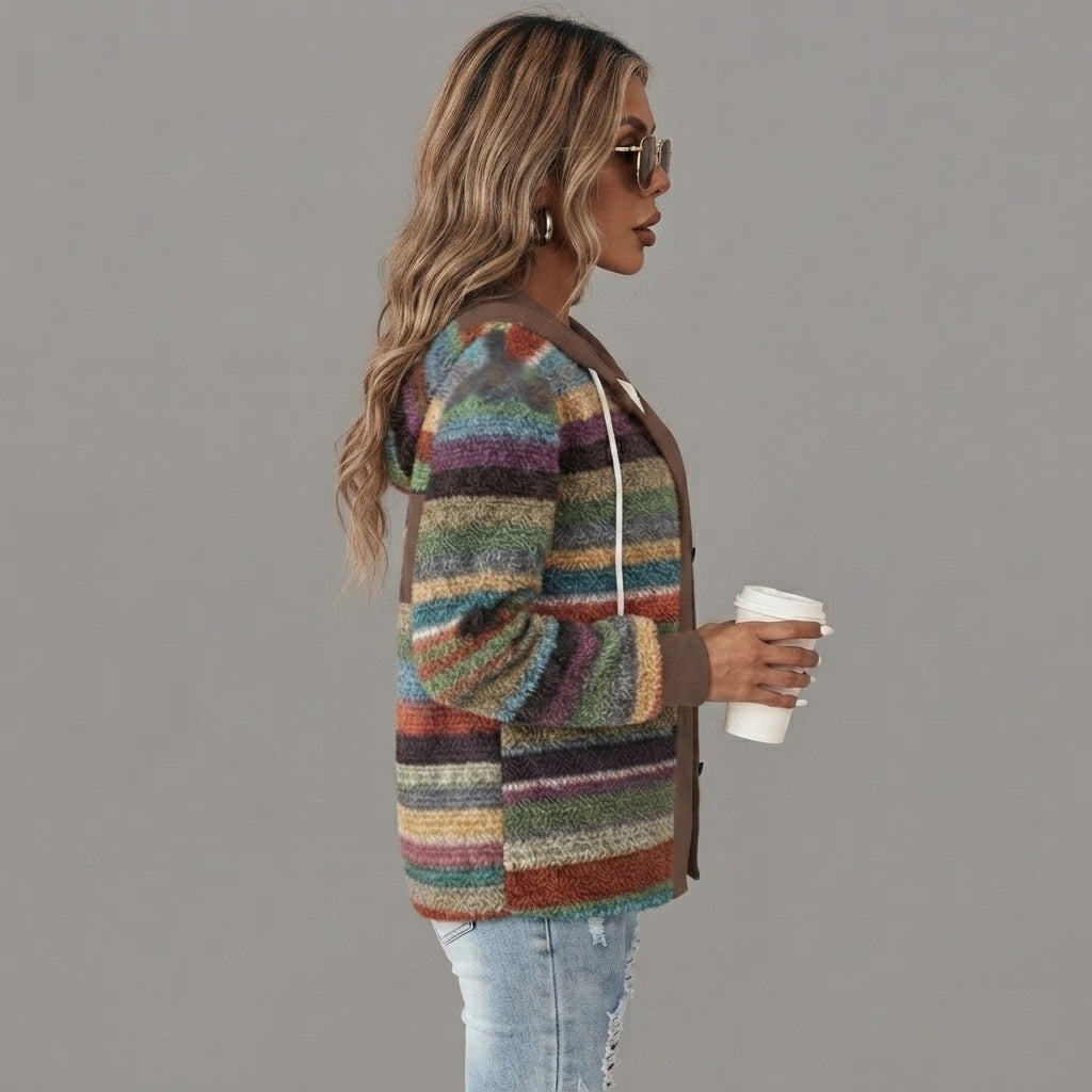 Faustine striped knit cardigan in dark grey, shown from multiple side views with a button-front design.