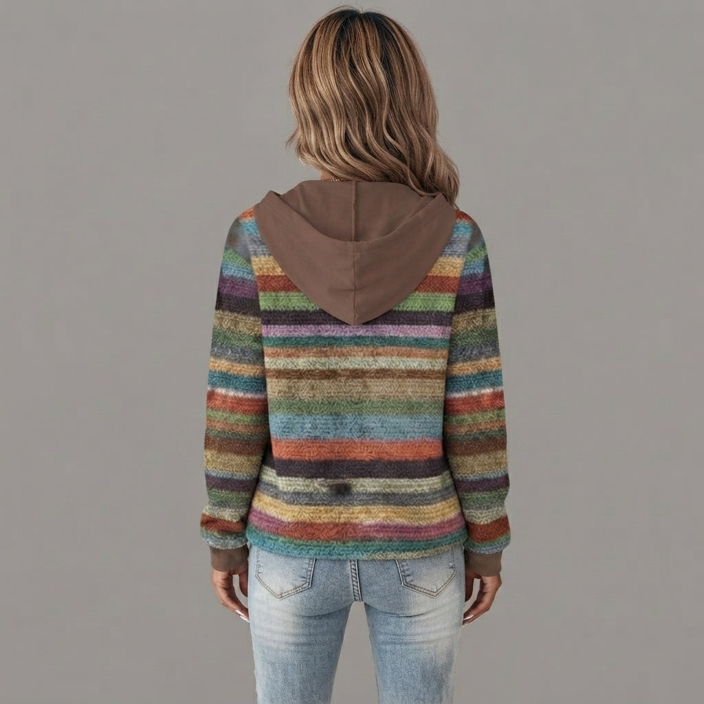 Faustine multi-color striped knit cardigan with a button-front design, displayed from the back.