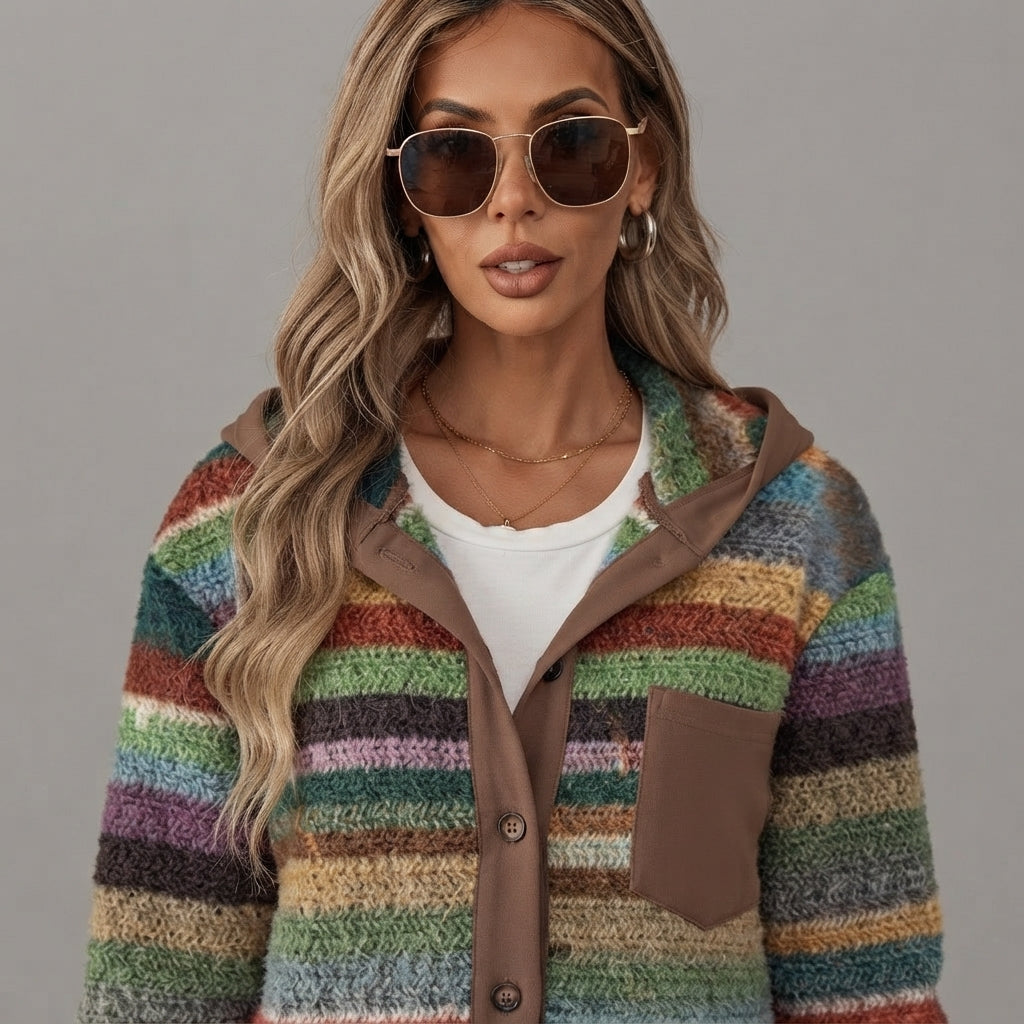 Faustine multi-color striped knit cardigan, front close-up view.
