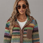 Faustine multi-color striped knit cardigan, front close-up view.