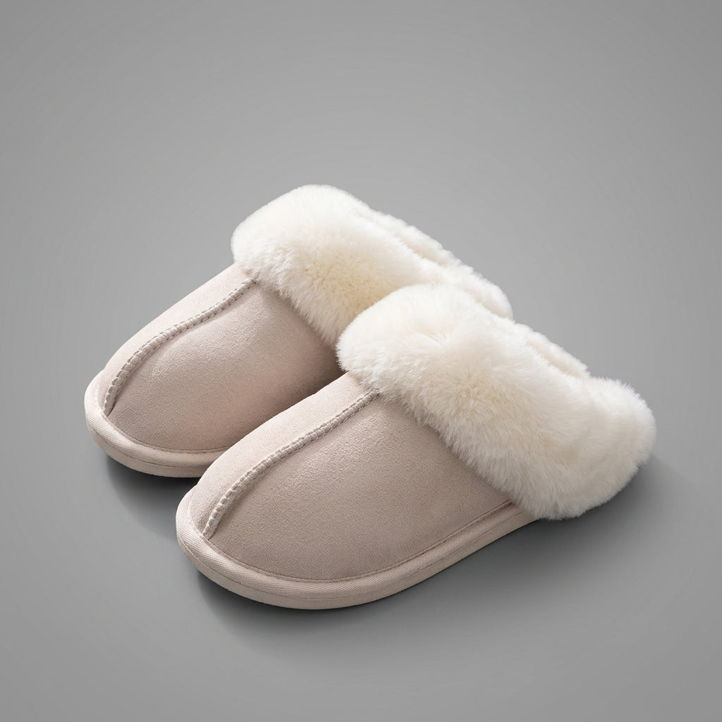 Beige Faux Suede Fuzzy Slippers for Women – Warm Cozy Indoor House Shoes