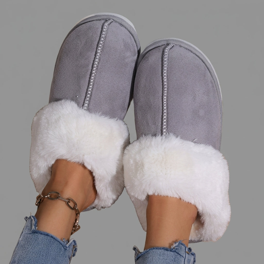Grey Faux Suede Fuzzy Slippers for Women – Warm Cozy Indoor House Shoes