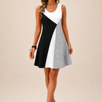 Fionnuala black, white, and gray color-block mini dress, front view, designed by Bella Hudson