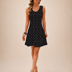 Fionnuala black polka-dot mini dress, front view, designed by Bella Hudson