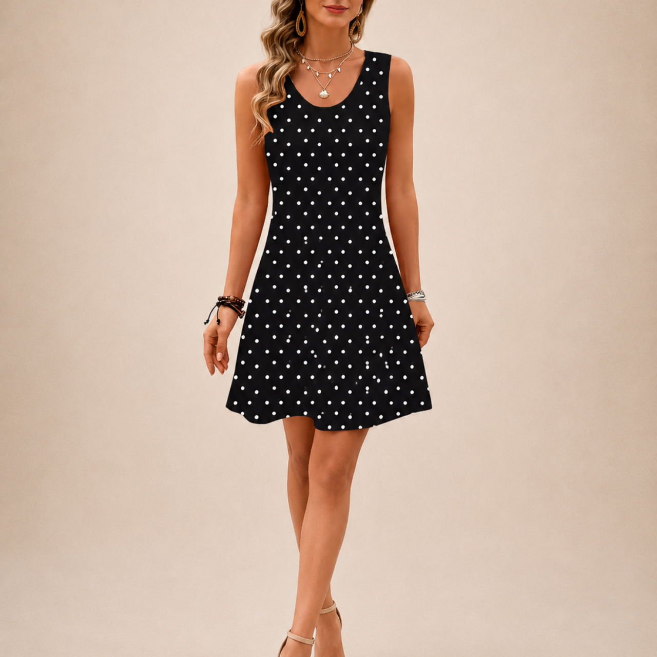 Fionnuala black polka-dot mini dress, front view, designed by Bella Hudson