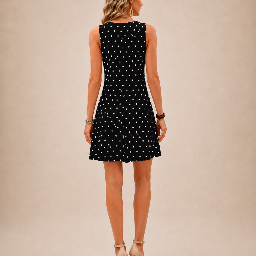 Fionnuala black polka-dot mini dress, back view, designed by Bella Hudson