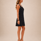Fionnuala black polka-dot mini dress, side view, designed by Bella Hudson