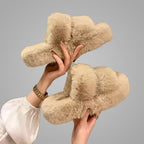 Beige Fuzzy Winter Slippers – Cozy Fur-Lined Indoor House Shoes for Women
