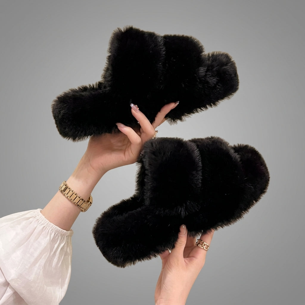 Black Fuzzy Winter Slippers – Cozy Fur-Lined Indoor House Shoes for Women