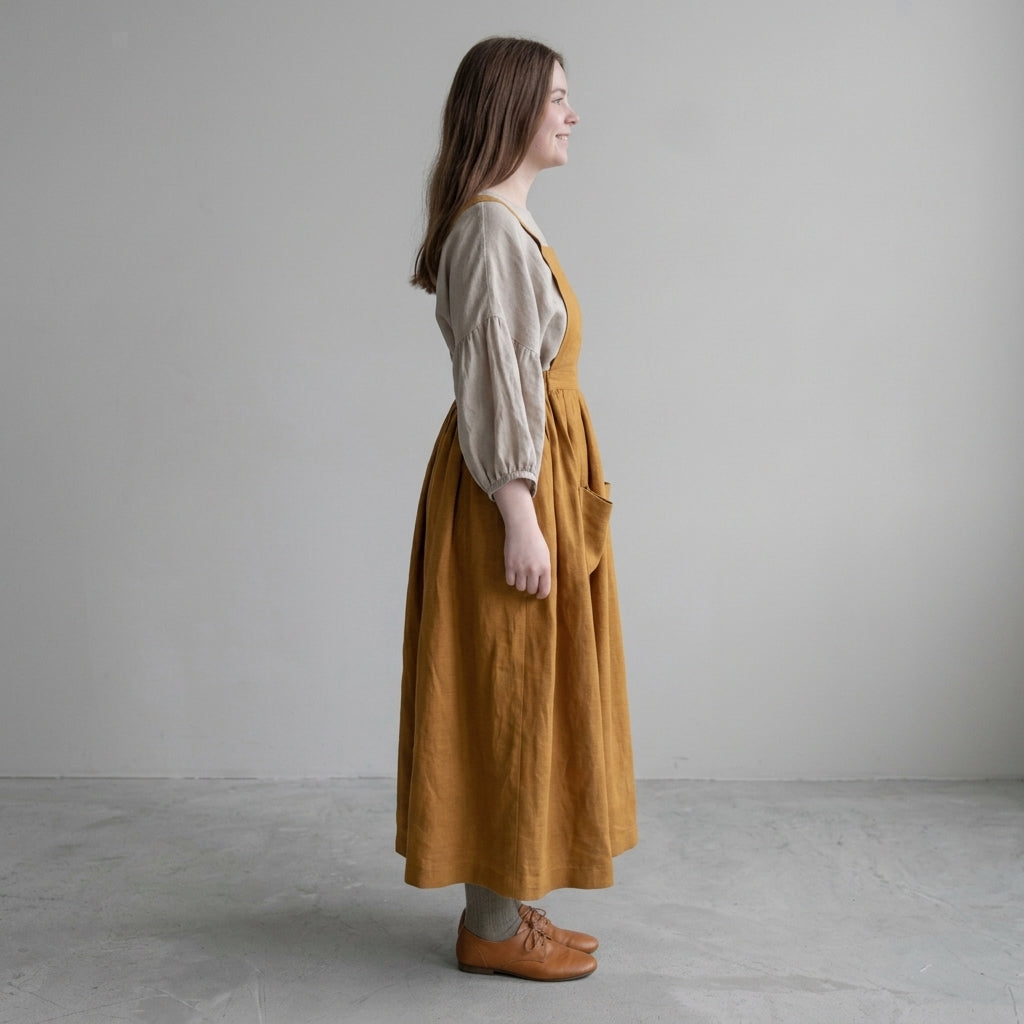 Vintage Cotton Linen Women's Dress – Square Neck, French Style