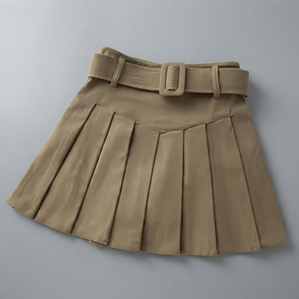 Elena Corduroy Pleated Mini Skirt Belted High-Waist