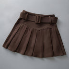 Elena Corduroy Pleated Mini Skirt Belted High-Waist