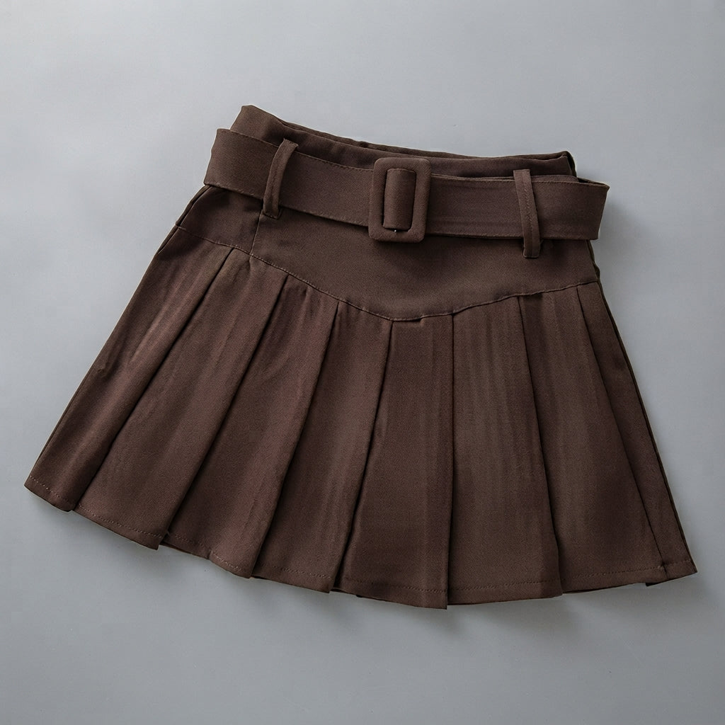 Elena Corduroy Pleated Mini Skirt Belted High-Waist
