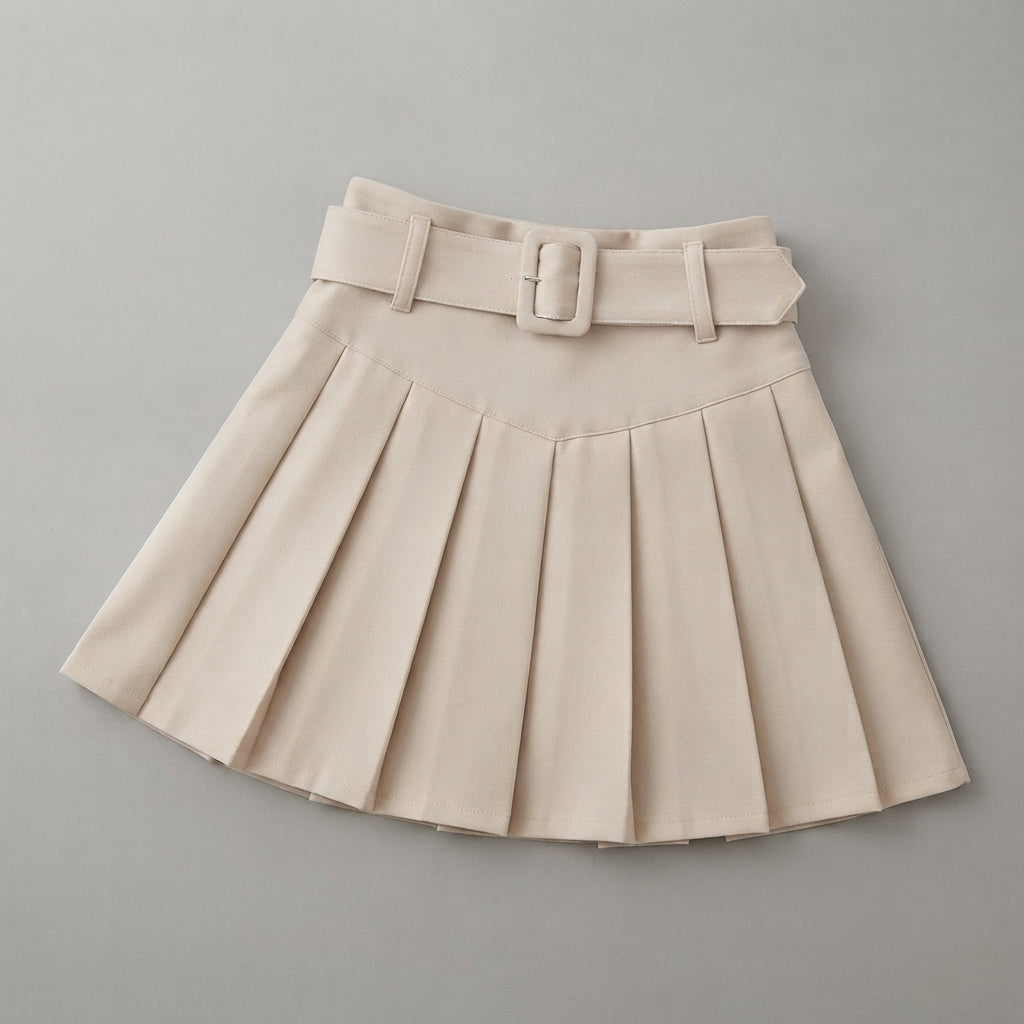 Elena Corduroy Pleated Mini Skirt Belted High-Waist
