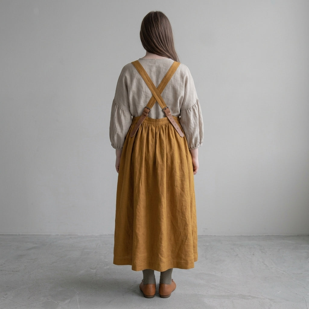 Vintage Cotton Linen Women's Dress – Square Neck, French Style