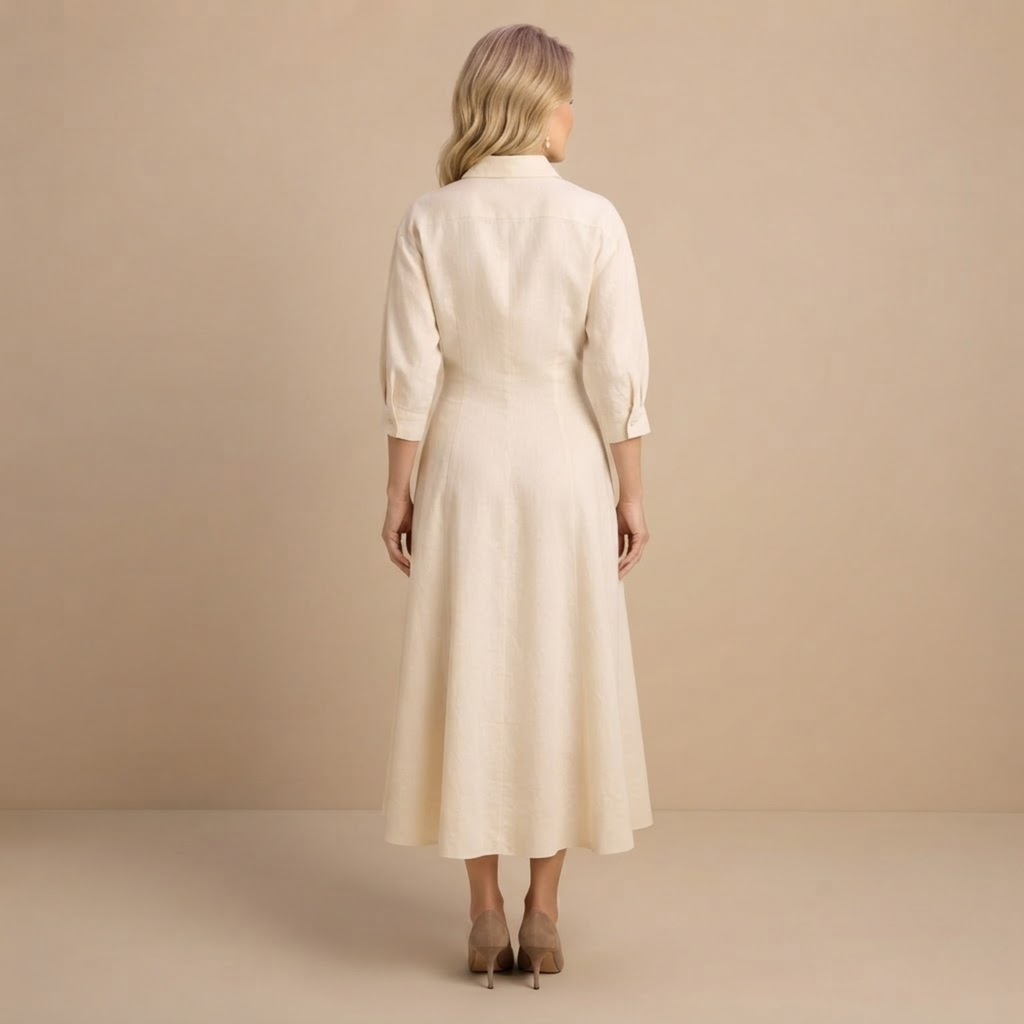 Genevra Breeze Flow Maxi Dress Wrap-Front Collared in Beige shown in back view with a flowing silhouette and elegant finish.