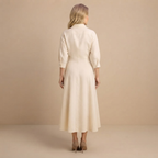 Genevra Breeze Flow Maxi Dress Wrap-Front Collared in Beige shown in back view with a flowing silhouette and elegant finish.