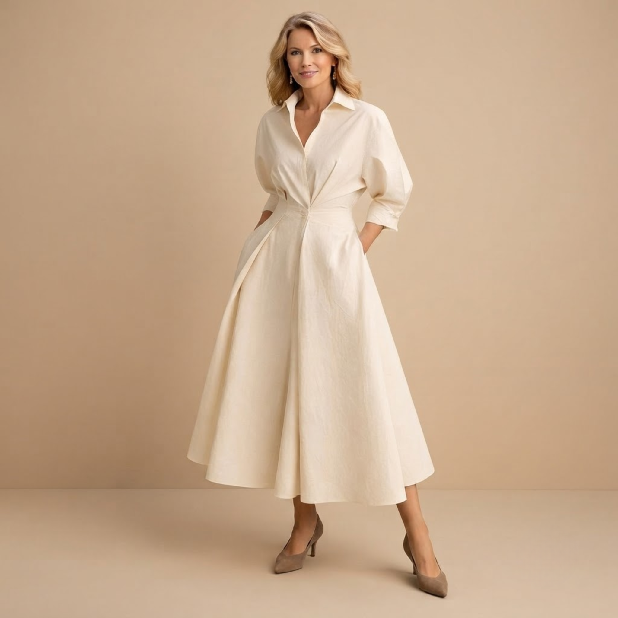 Genevra Breeze Flow Maxi Dress Wrap-Front Collared in Beige shown in front view with a wrap-front design, collared neckline, and flowing maxi silhouette.