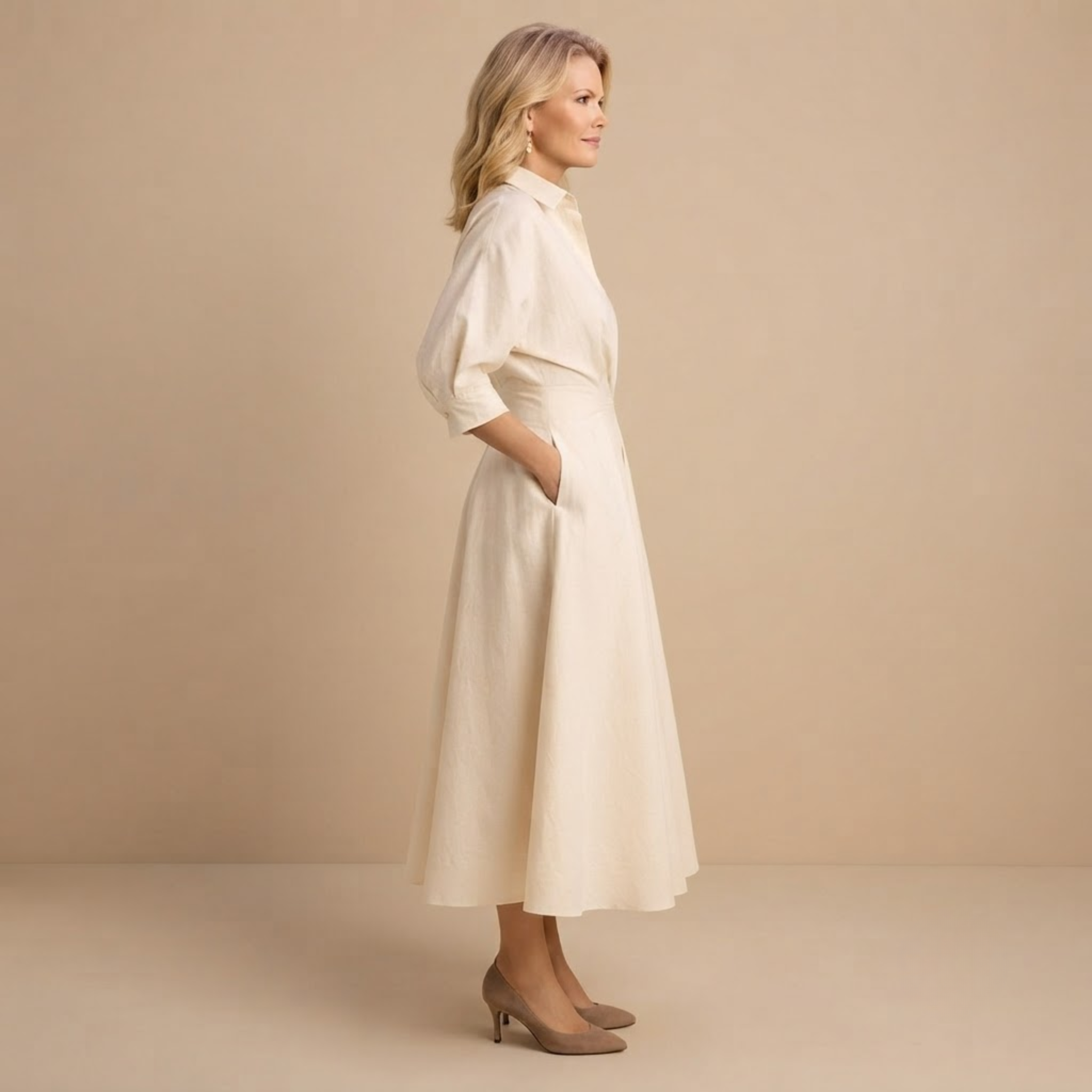 Genevra Breeze Flow Maxi Dress Wrap-Front Collared in Beige shown in side view featuring a flowing maxi silhouette and wrap-front design.