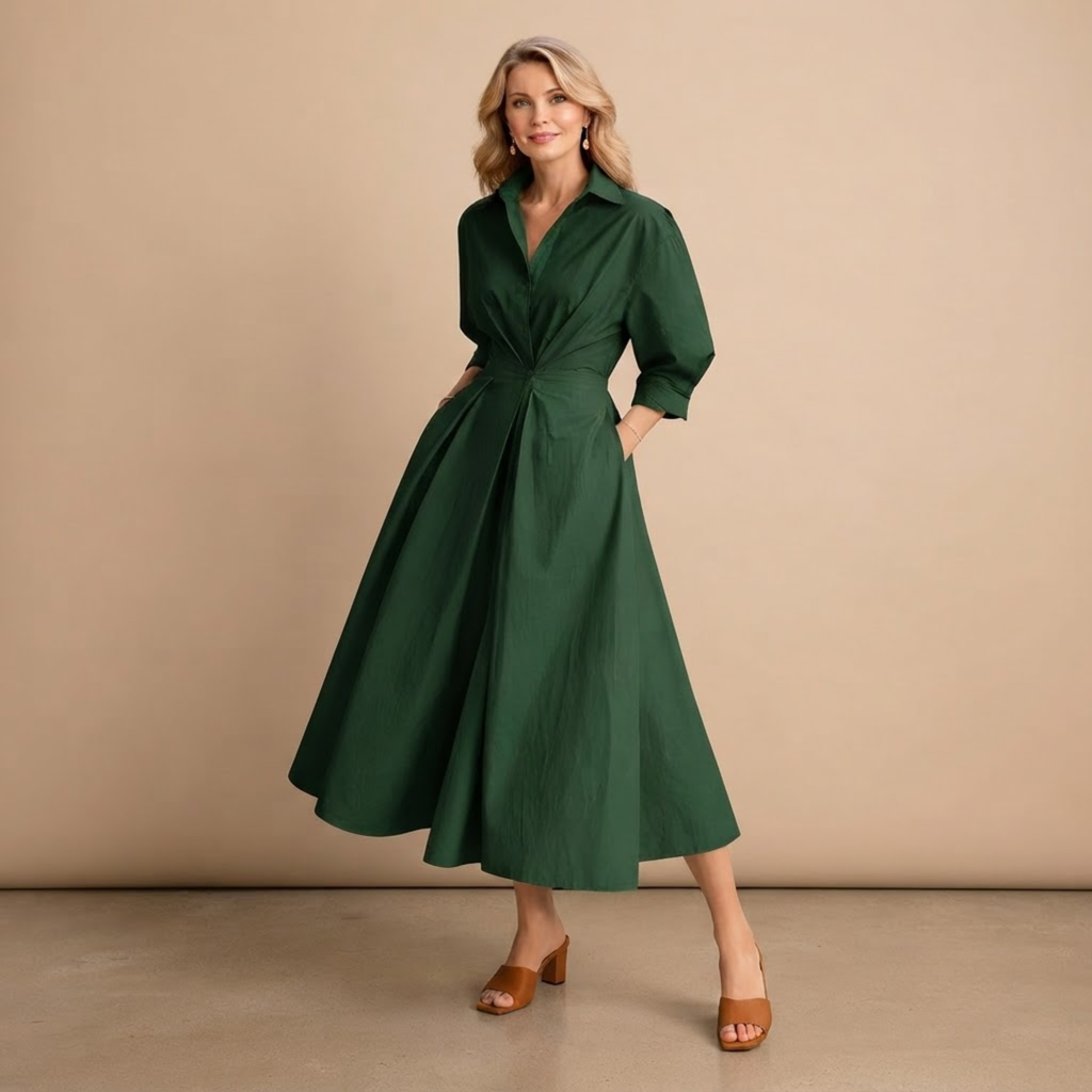 Genevra Breeze Flow Maxi Dress Wrap-Front Collared in Green shown in front view with a wrap-front design, collared neckline, and flowing maxi silhouette.