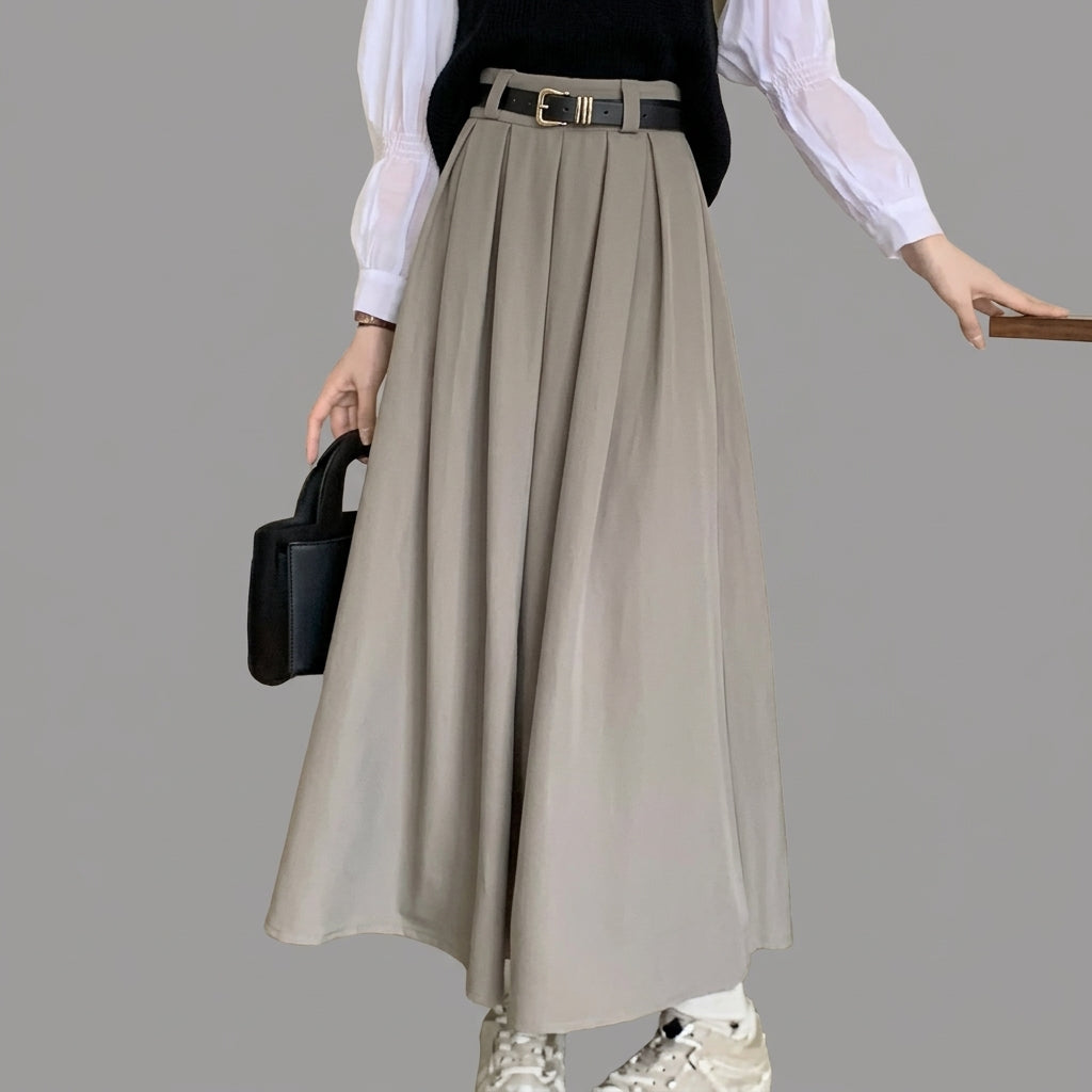 Gray Solid Color Pleated A-Line Midi Skirt for Women