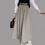 Gray Solid Color Pleated A-Line Midi Skirt for Women