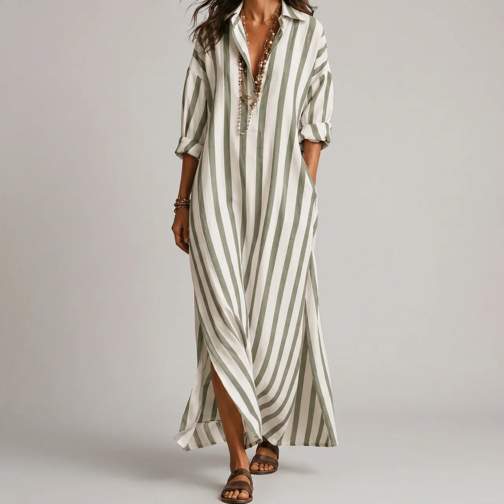 Green maxi dress with rolled sleeves and side pockets front view BELLA HUDSON